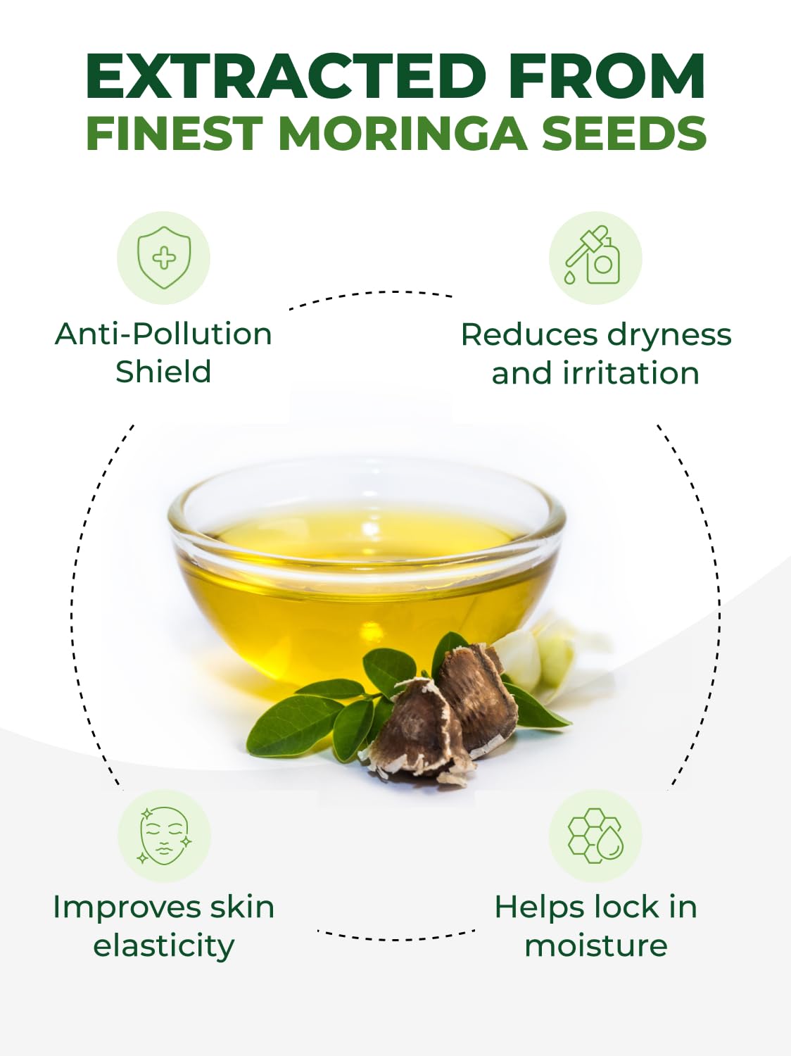 Multi purpose organic moringa oil being applied to hair ends to illustrate split end treatment and intense moisture locking benefits