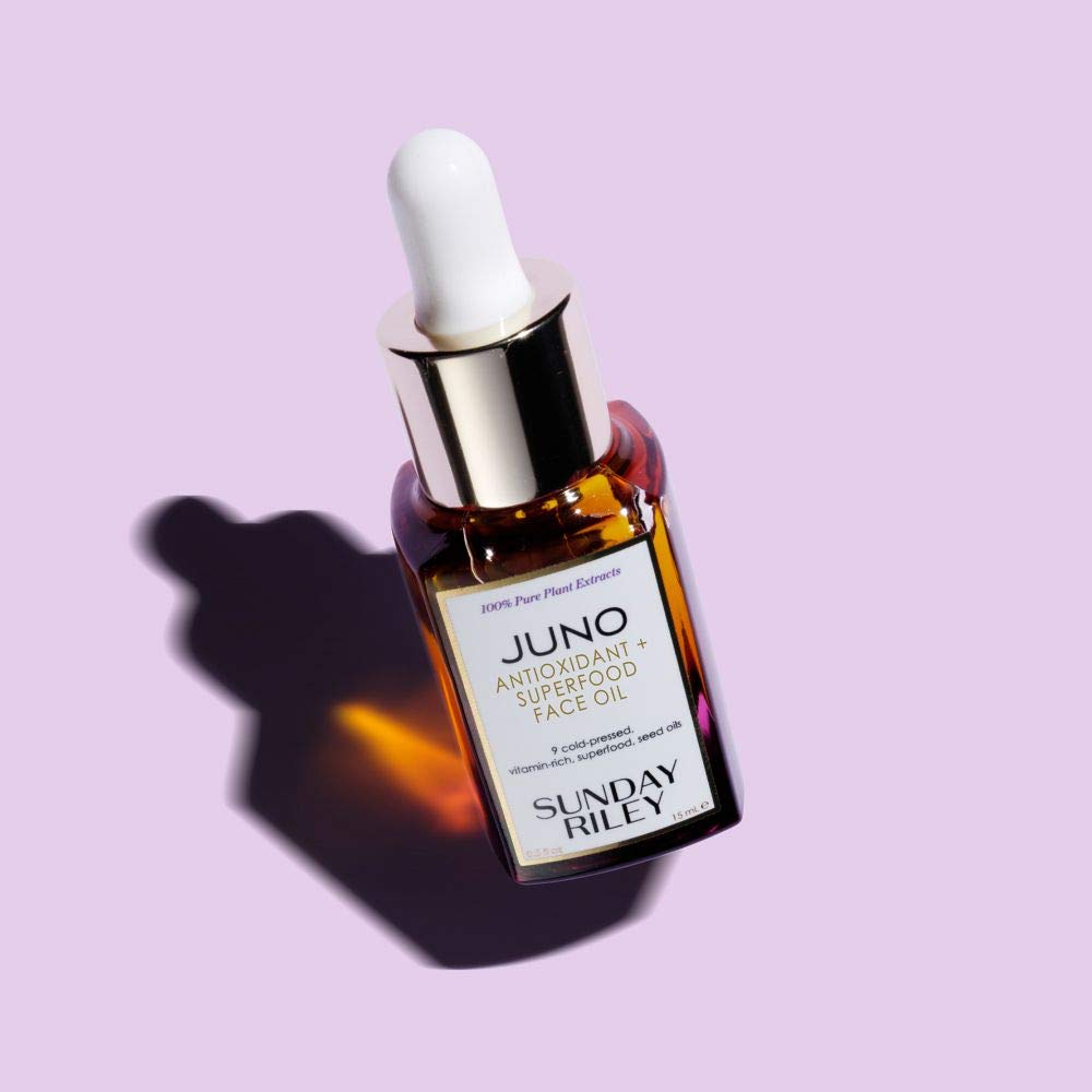 Sunday Riley Juno facial oil packaging showing cold pressed seed oil details