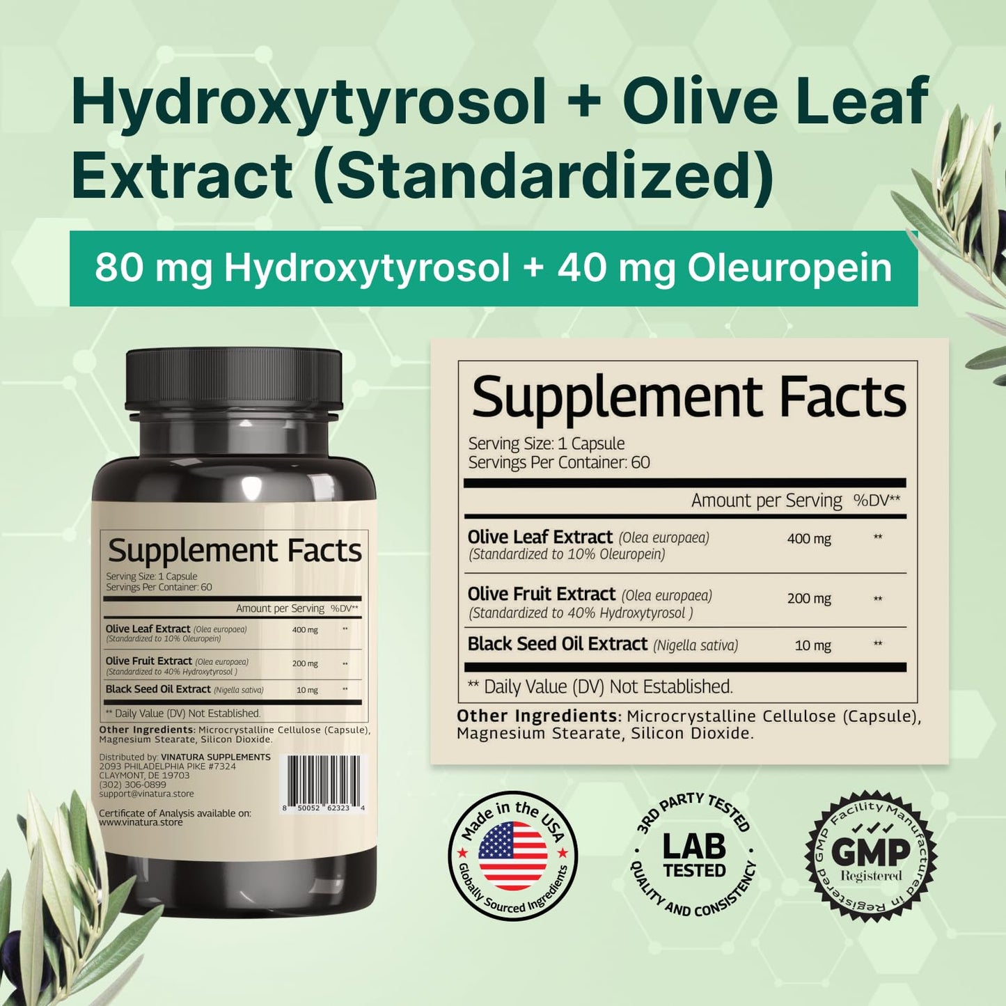 VINATURA Olive Leaf Extract antioxidant capsules bottle showing product benefits and standardization percentages.