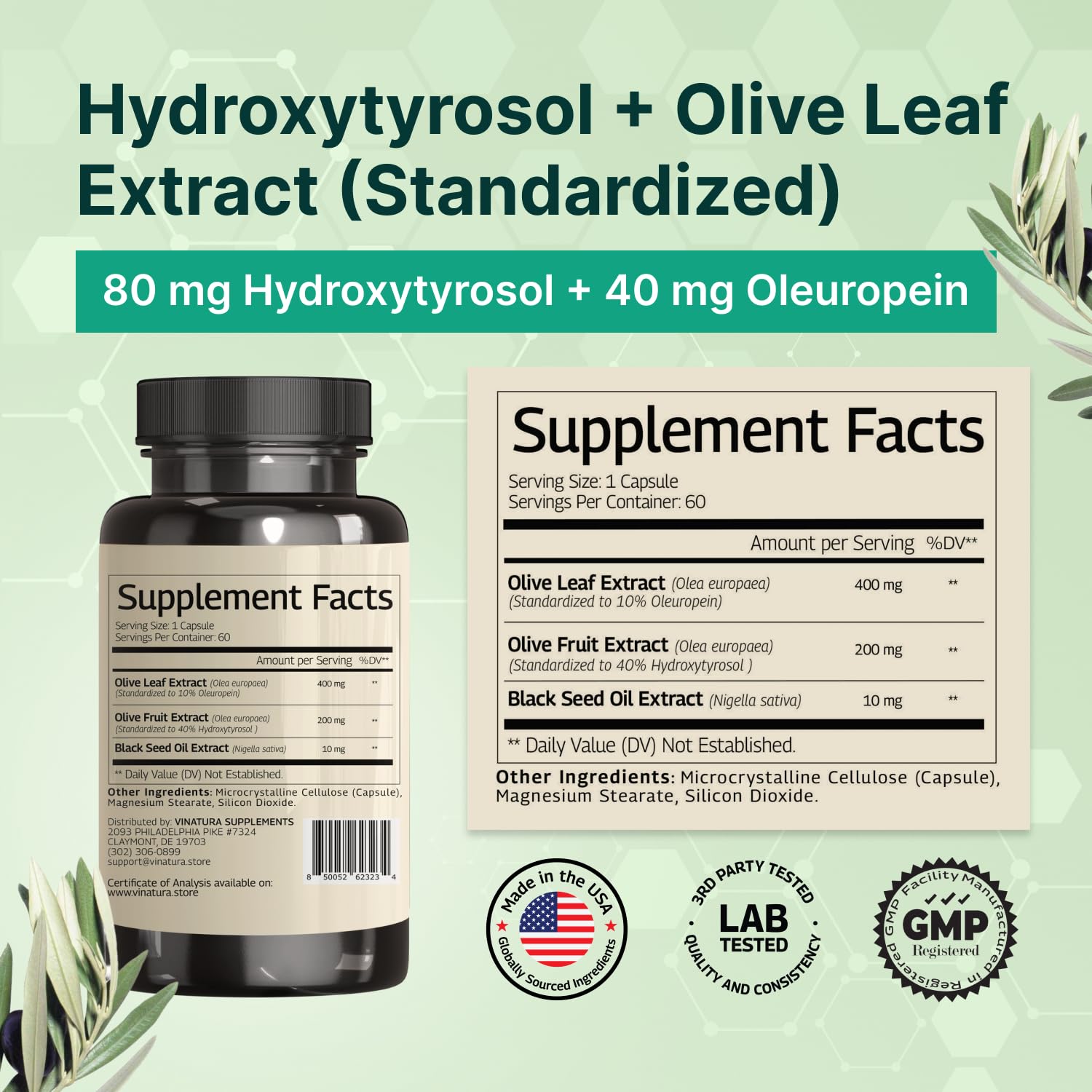 VINATURA Olive Leaf Extract antioxidant capsules bottle showing product benefits and standardization percentages.