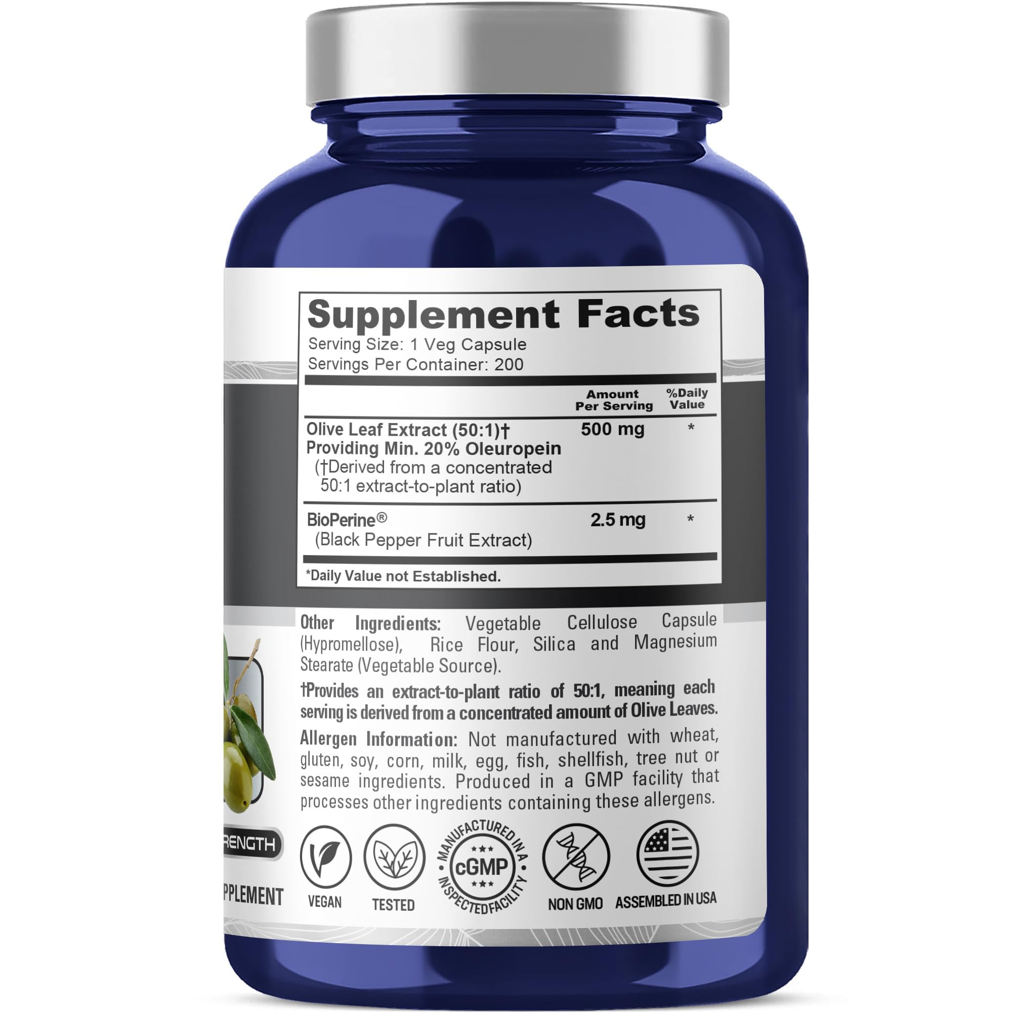 NusaPure antioxidant supplement with twenty percent oleuropein label details