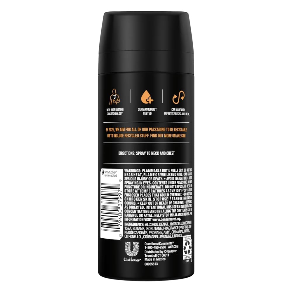 AXE Dark Temptation chocolate scented men's body spray pack of three showing product label