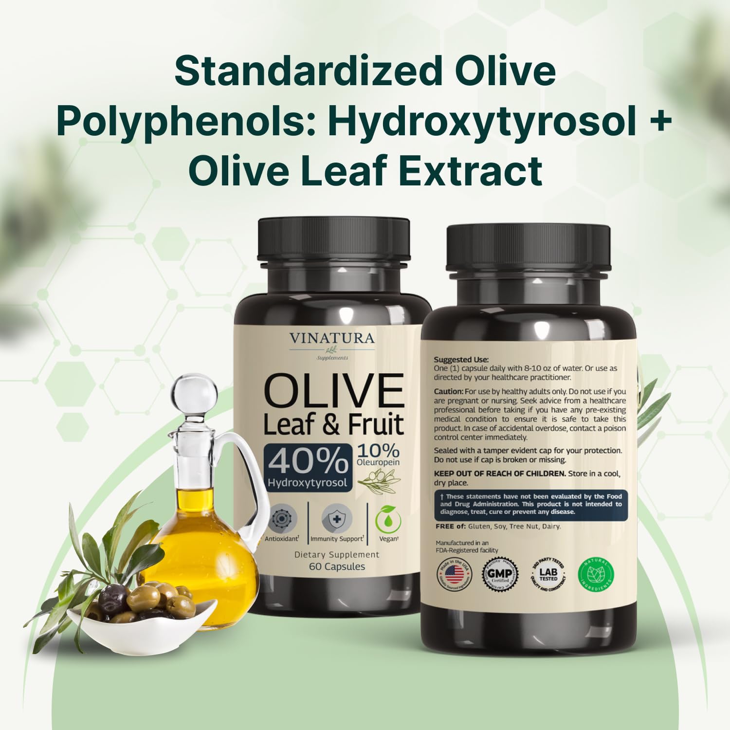VINATURA Olive Leaf and Fruit extract bottle standing upright demonstrating premium wellness product design.