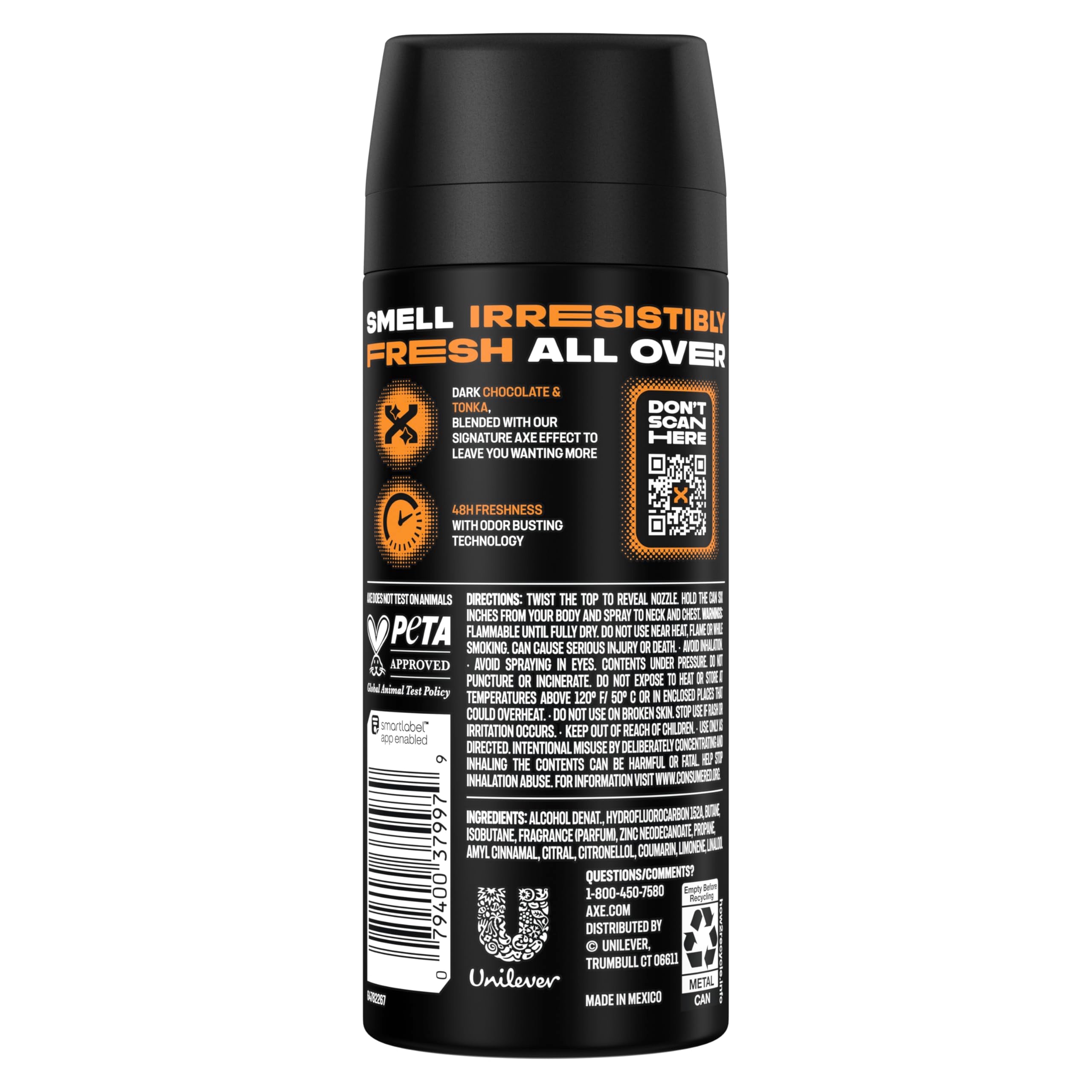 Unilever Axe Dark Temptation personal care deodorant container displaying forty eight hour protection label.