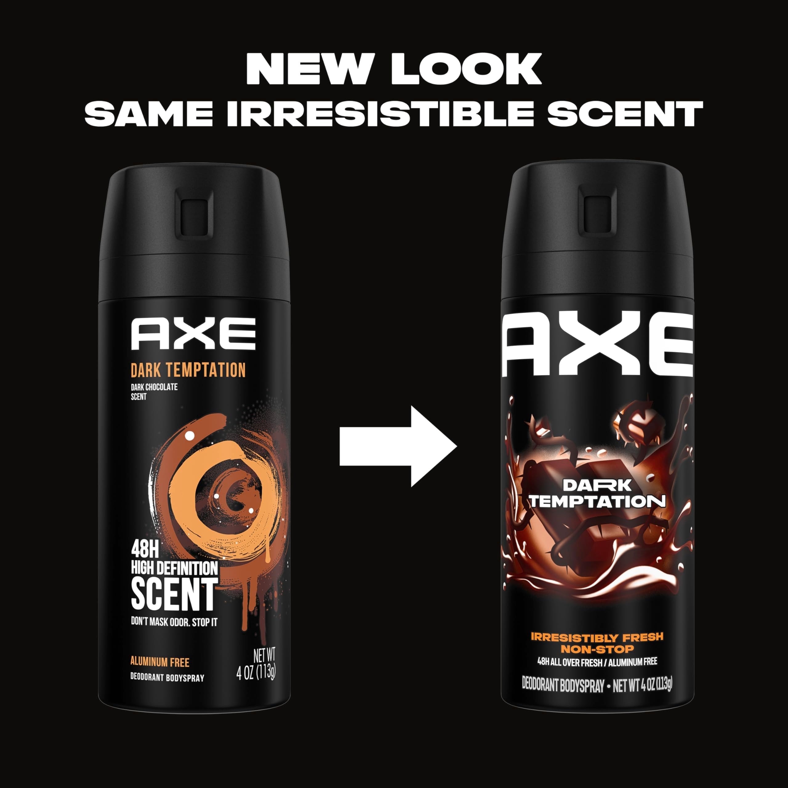 Imported Axe Dark Temptation men's grooming body spray bottle highlighting the aluminum free formula.