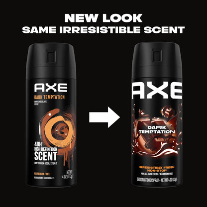Imported Axe Dark Temptation men's grooming body spray bottle highlighting the aluminum free formula.