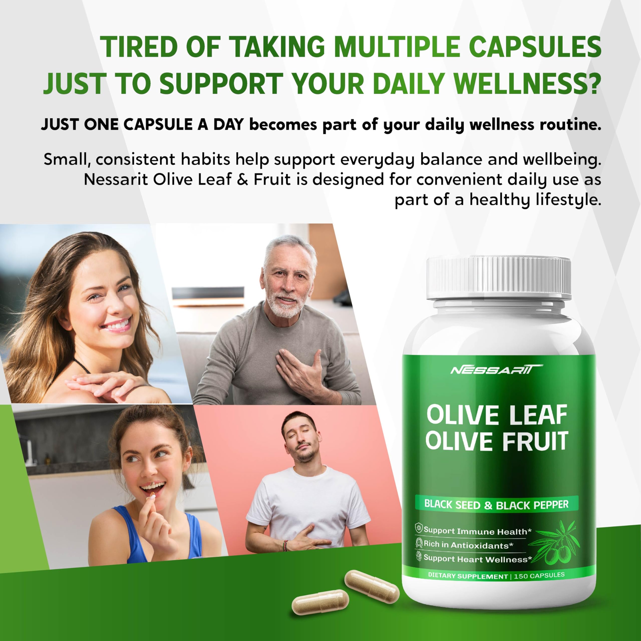 Nessarit Olive Leaf capsule supplement ingredients and facts label