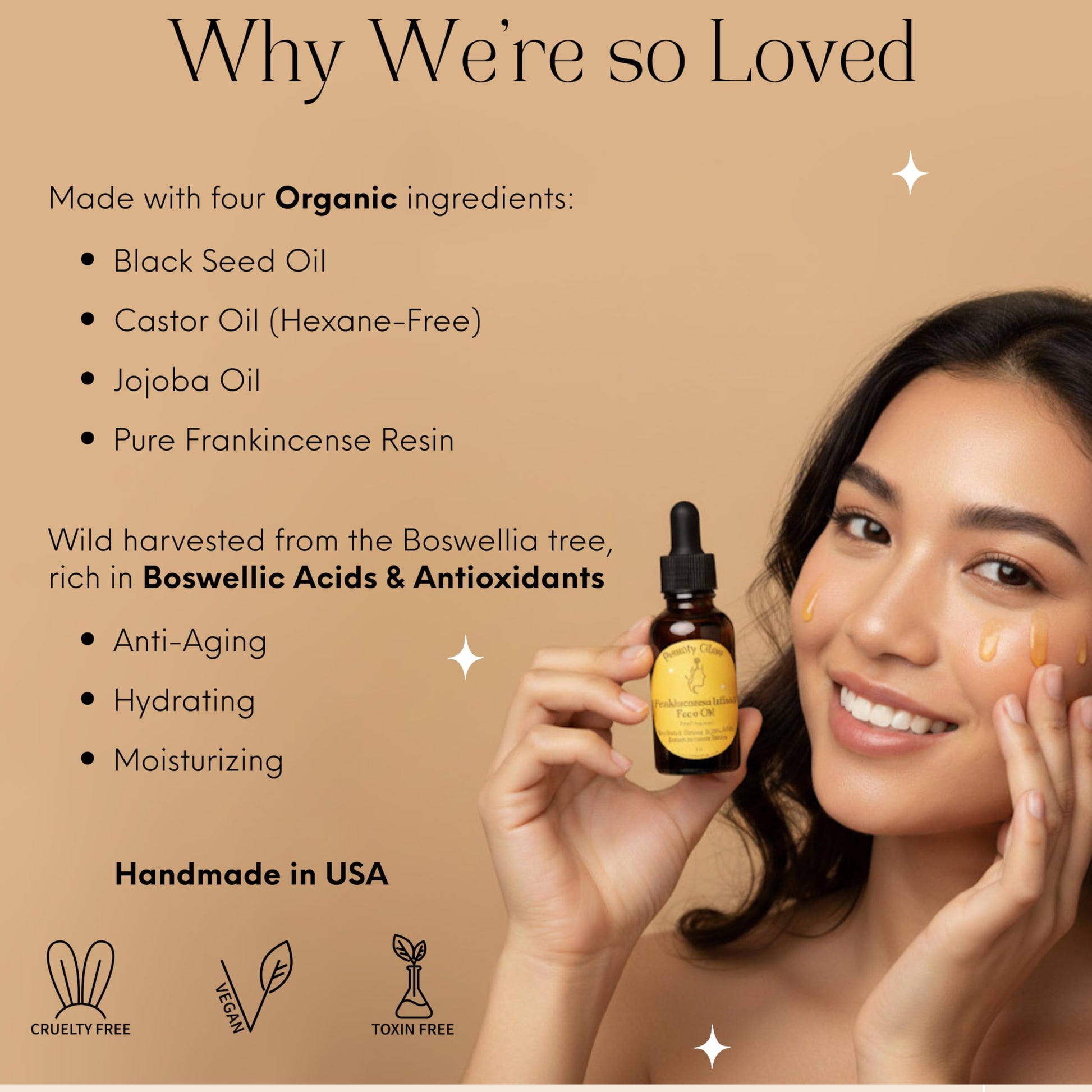 Beauty Glow organic black seed castor and jojoba oils blend bottle displayed upright on a clean surface
