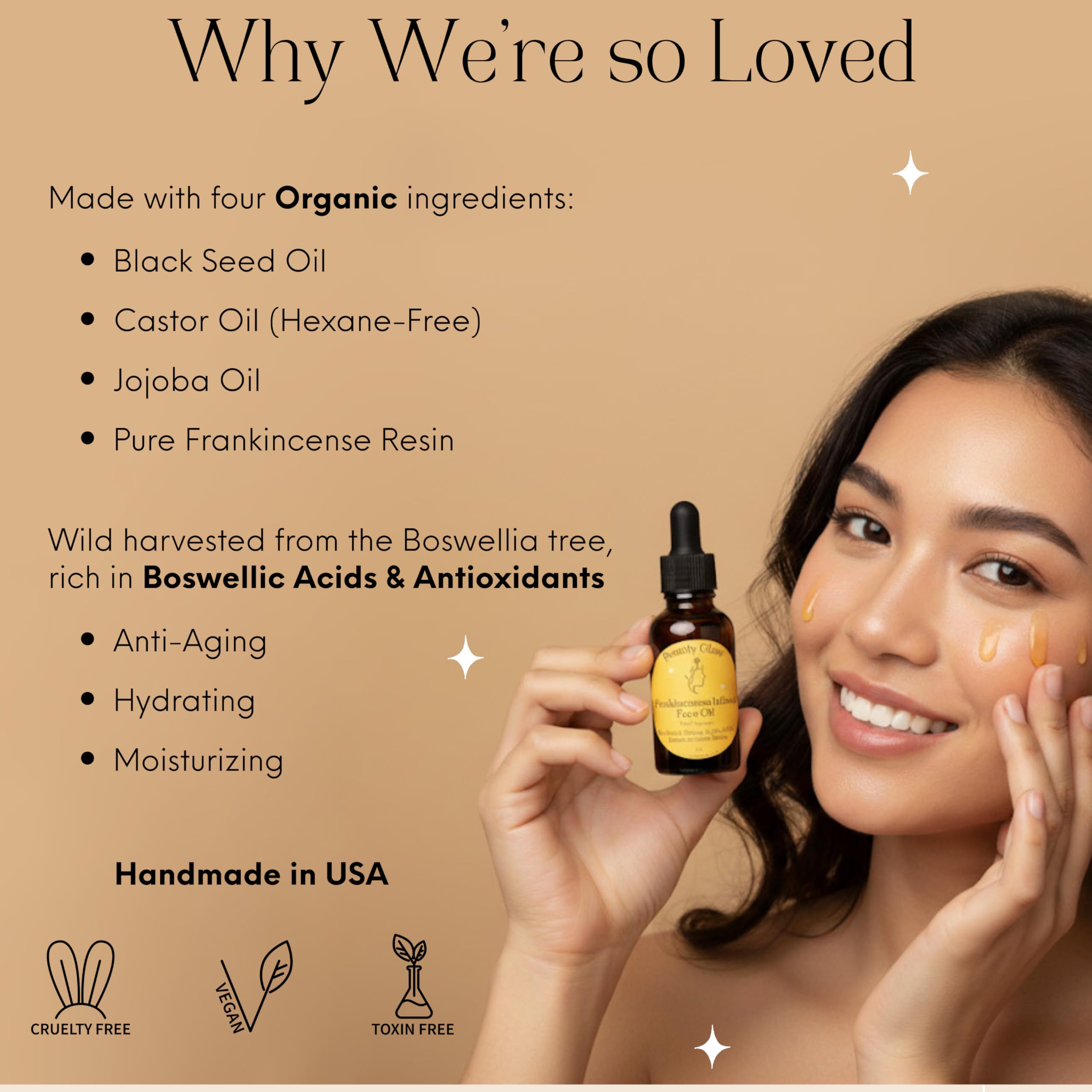 Beauty Glow organic black seed castor and jojoba oils blend bottle displayed upright on a clean surface
