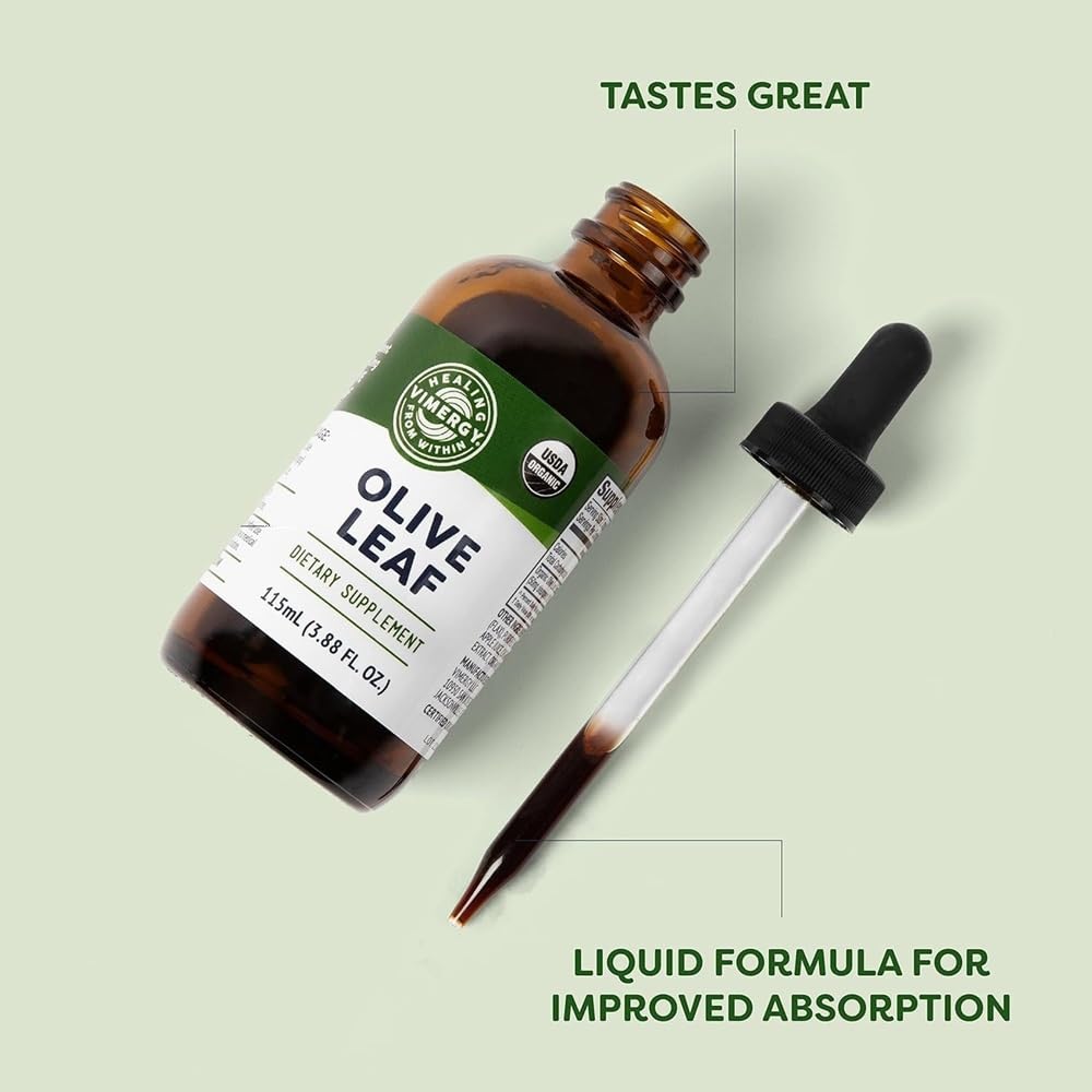 Vimergy Olive Leaf herbal supplement bottle back label showing complete clean ingredient list and organic certifications.