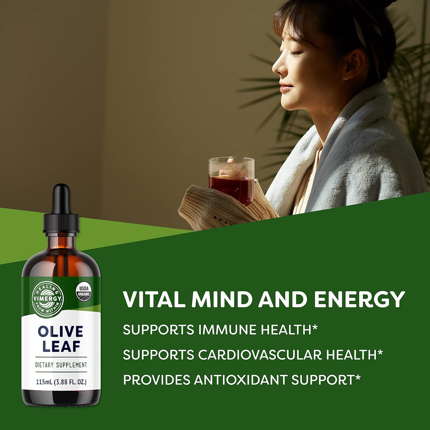 Premium USA imported Vimergy liquid olive leaf extract dropped into a clear glass of water for daily wellness routine.