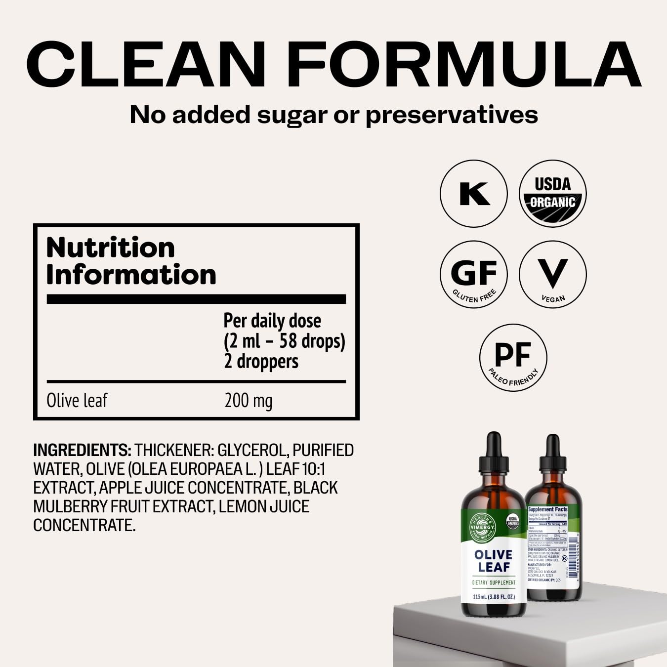 Authentic Vimergy dietary supplement packaging showing the glass dropper for easy 2 milliliter serving measurement.