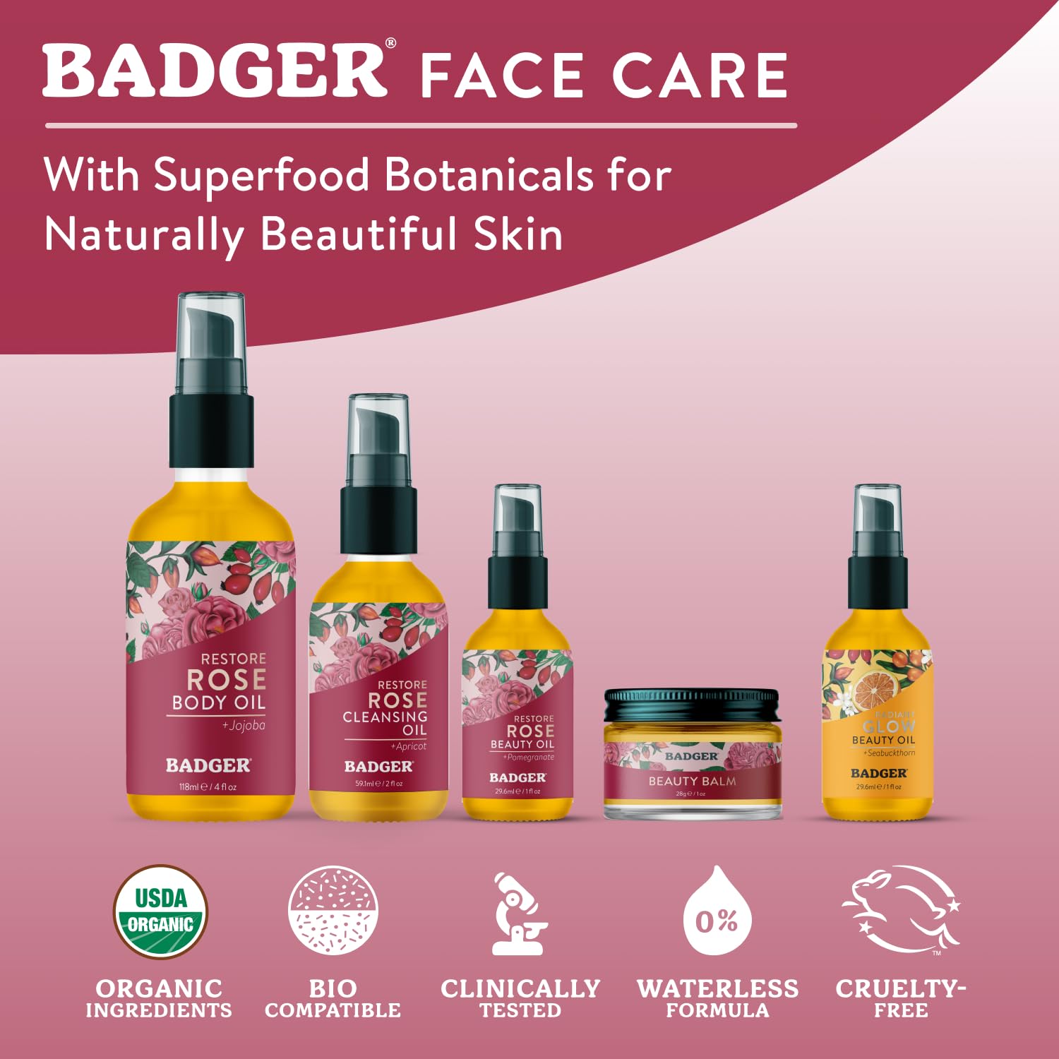 Badger Damascus Rose Beauty Oil botanical label detailing certified organic ingredients