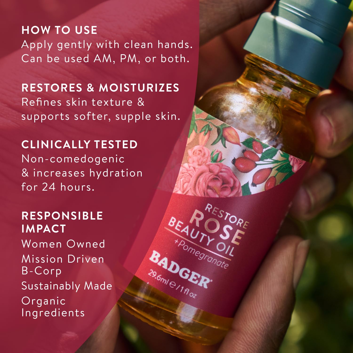 Badger Rose Facial Oil side view showcasing the travel friendly 1 fluid ounce glass bottle