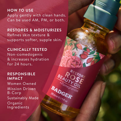 Badger Rose Facial Oil side view showcasing the travel friendly 1 fluid ounce glass bottle
