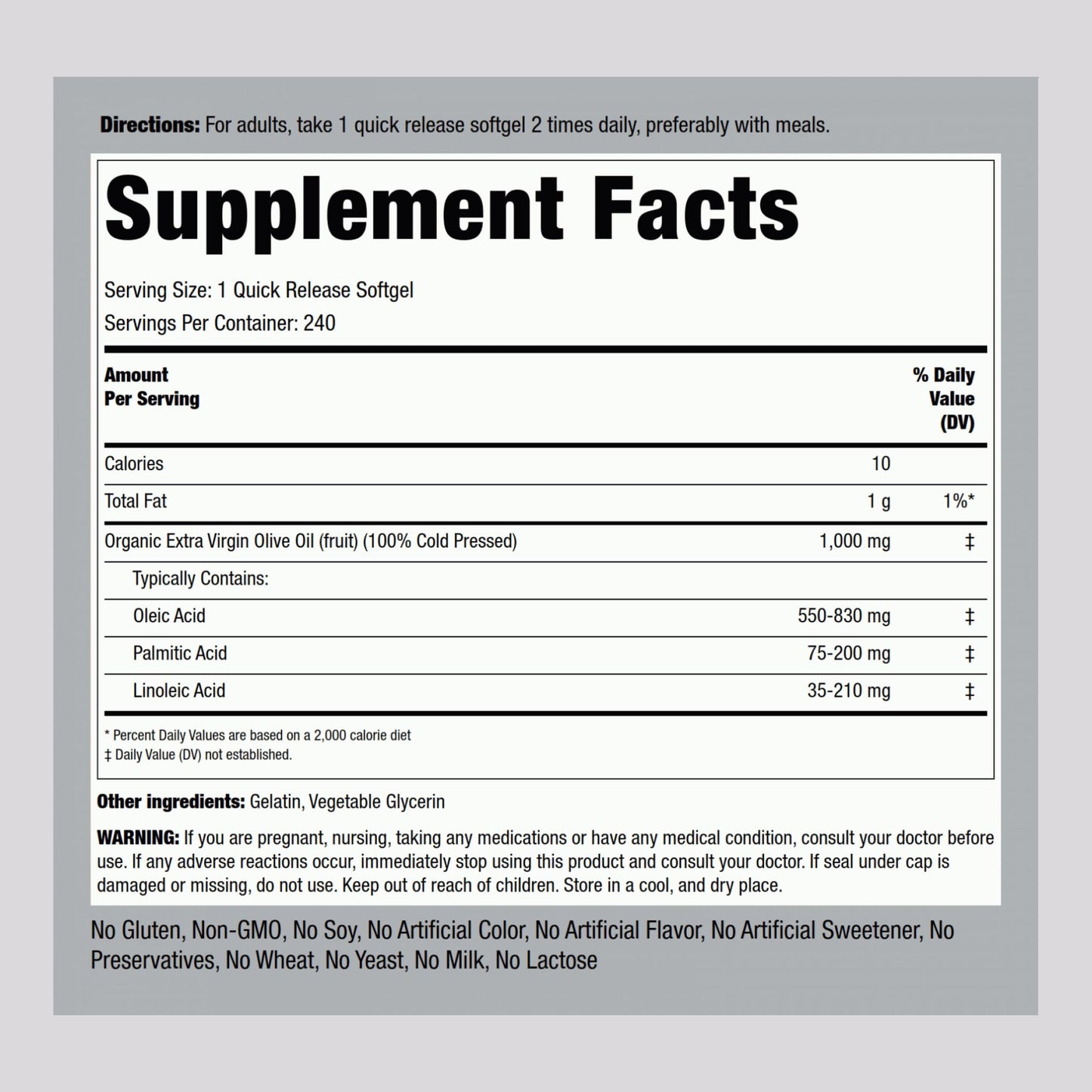 Side view of Piping Rock cold pressed olive oil dietary supplement detailing nutritional information.
