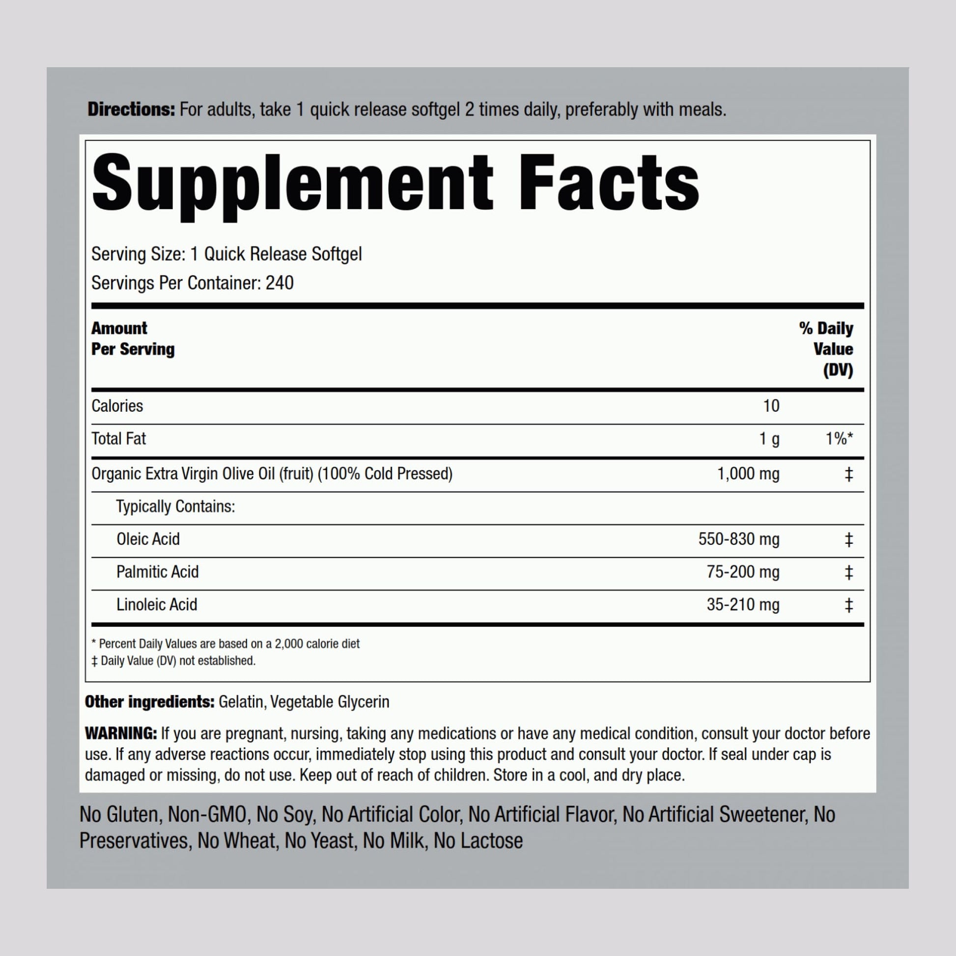 Side view of Piping Rock cold pressed olive oil dietary supplement detailing nutritional information.