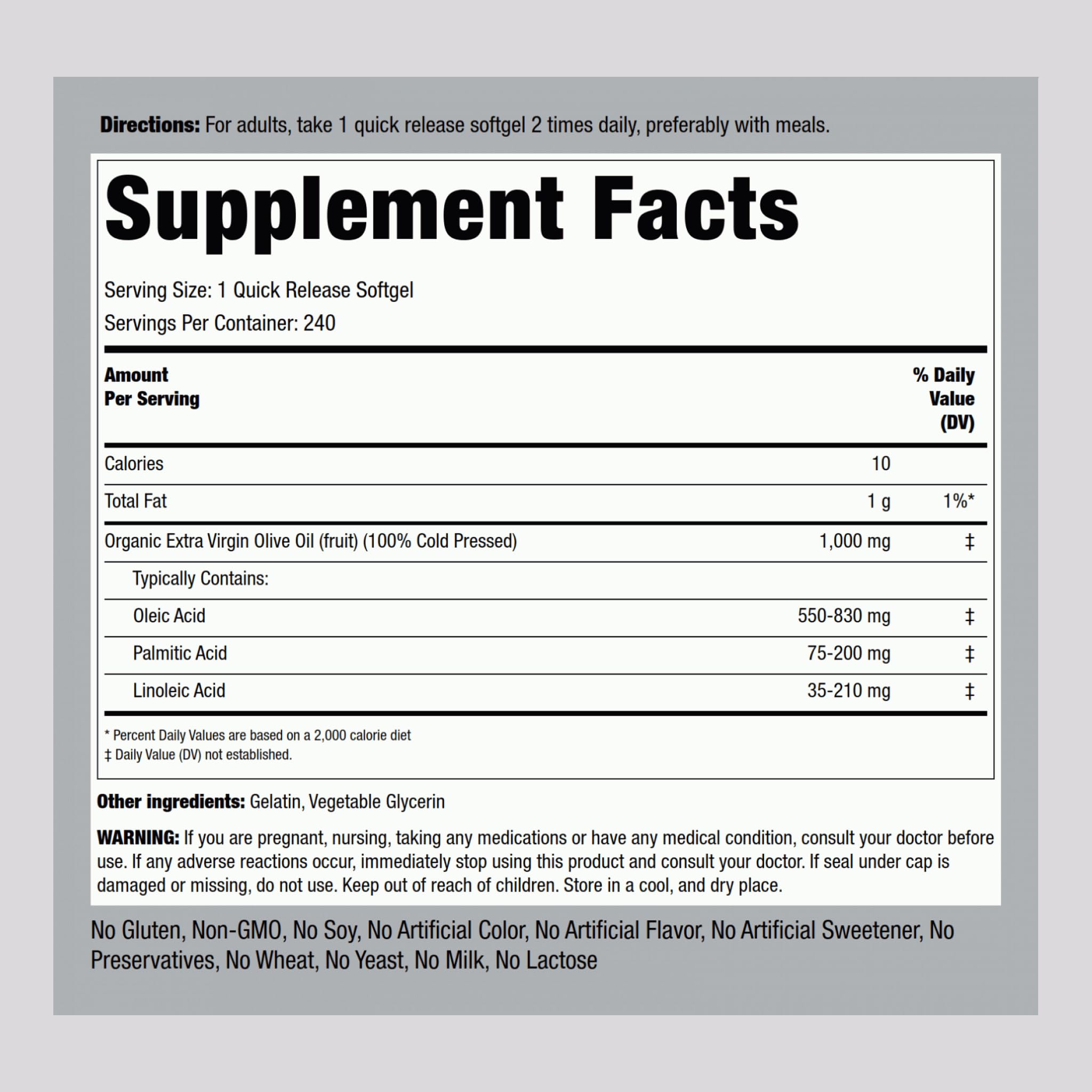 Side view of Piping Rock cold pressed olive oil dietary supplement detailing nutritional information.