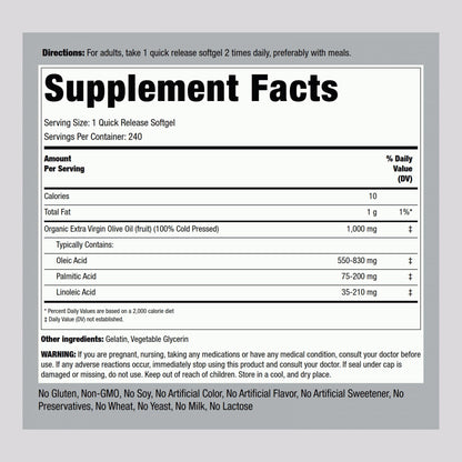 Side view of Piping Rock cold pressed olive oil dietary supplement detailing nutritional information.