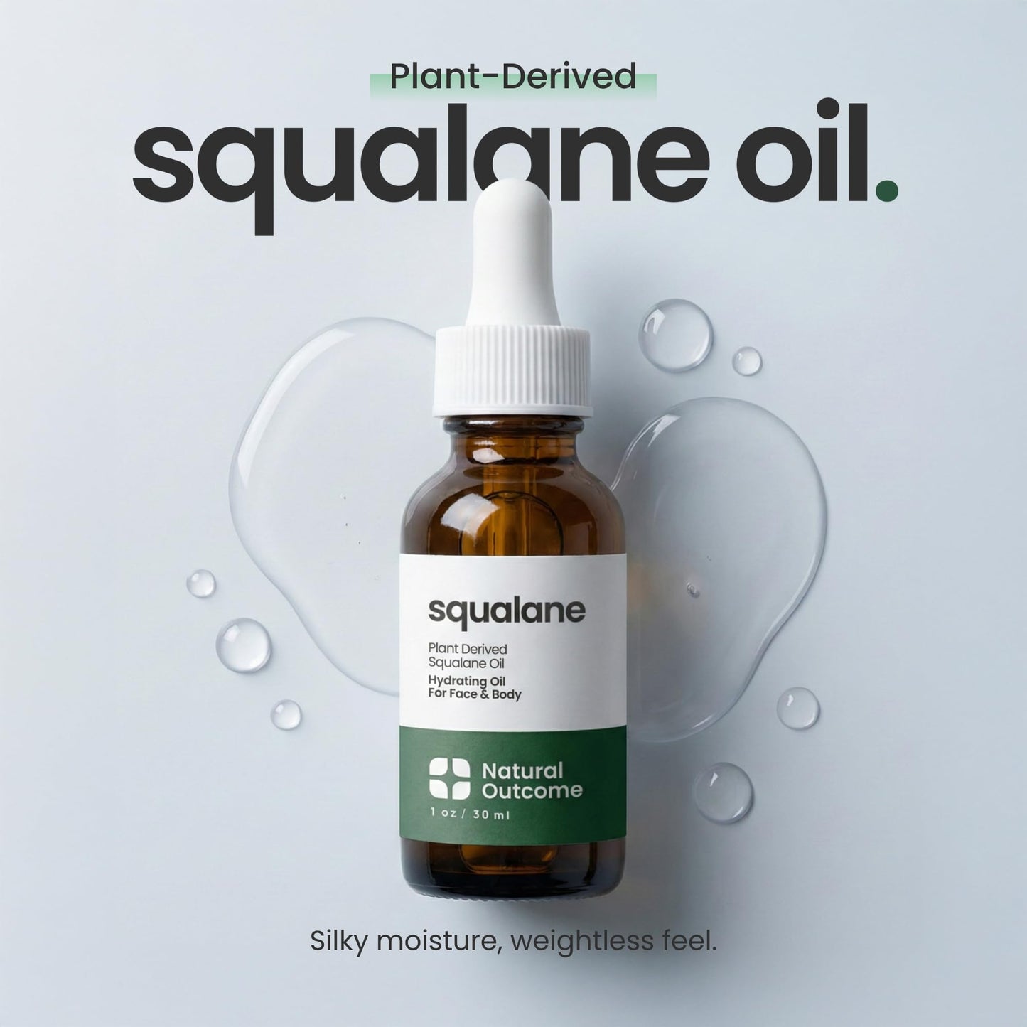 Natural Outcome 100 percent plant derived squalane oil bottle packaging showcasing clean skincare ingredients