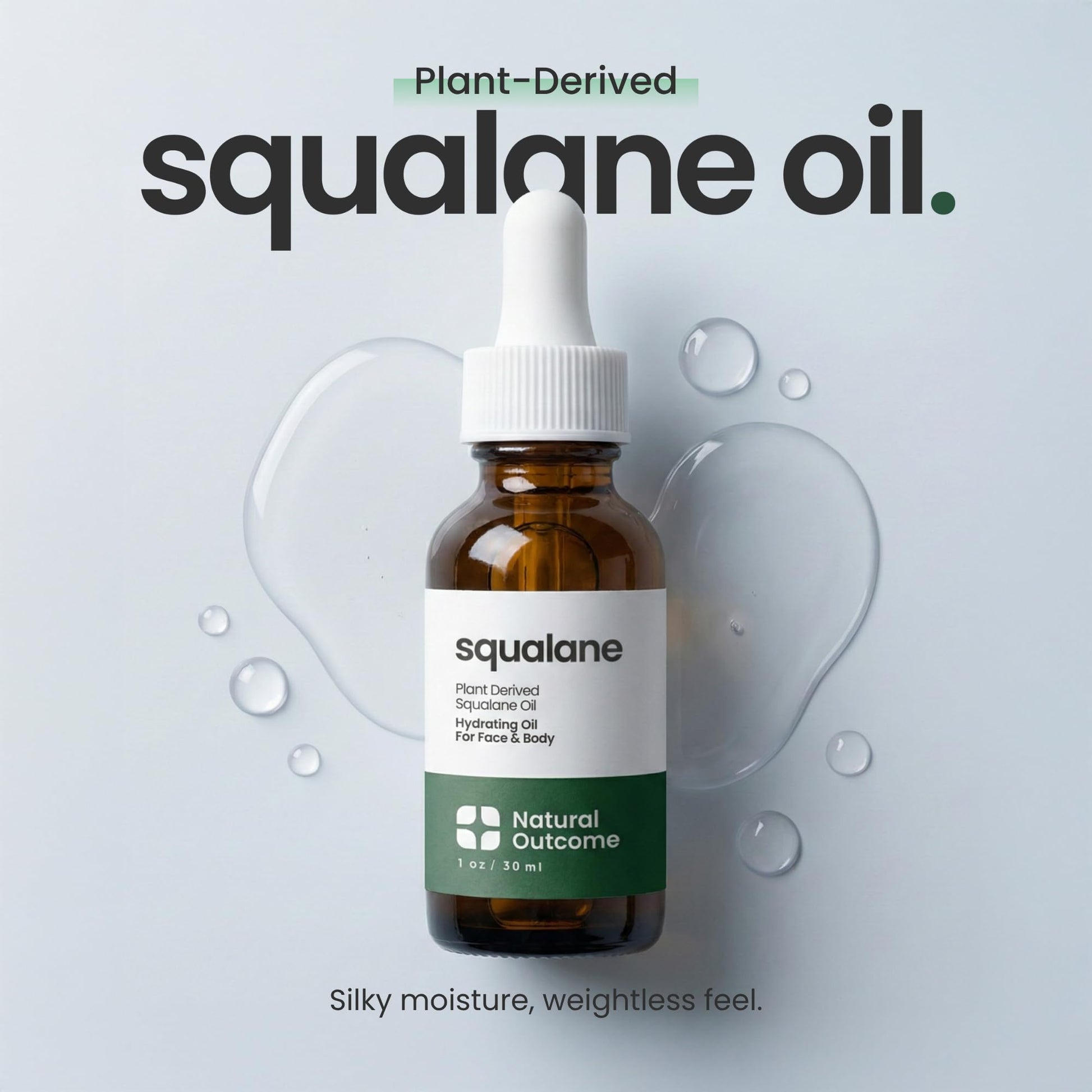 Natural Outcome 100 percent plant derived squalane oil bottle packaging showcasing clean skincare ingredients