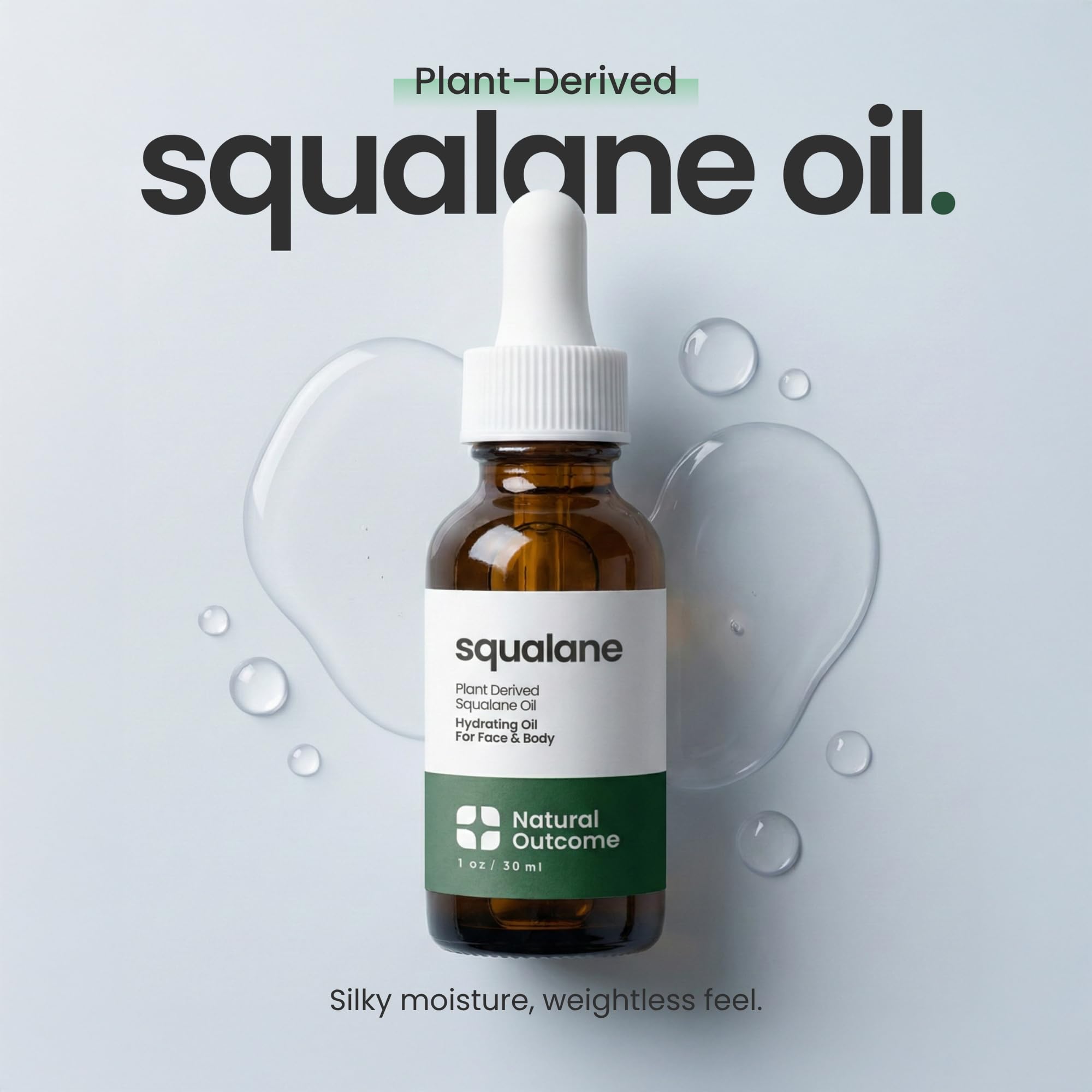Natural Outcome 100 percent plant derived squalane oil bottle packaging showcasing clean skincare ingredients