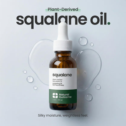 Natural Outcome 100 percent plant derived squalane oil bottle packaging showcasing clean skincare ingredients