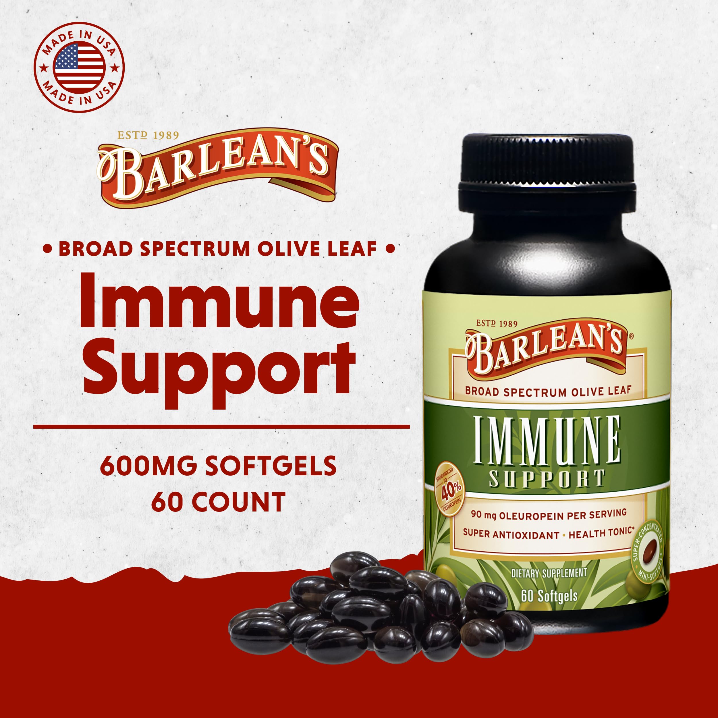 Barlean's premium olive leaf extract supplement packaging highlighting ninety-five milligrams oleuropein.