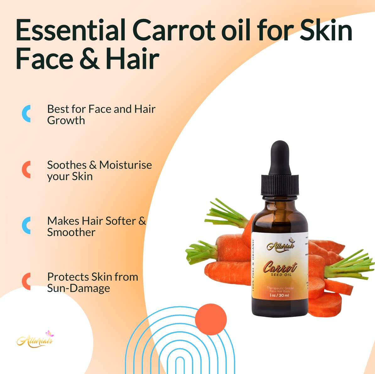 Allurials pure unrefined cold pressed carrot seed oil dropper bottle for skin hydration