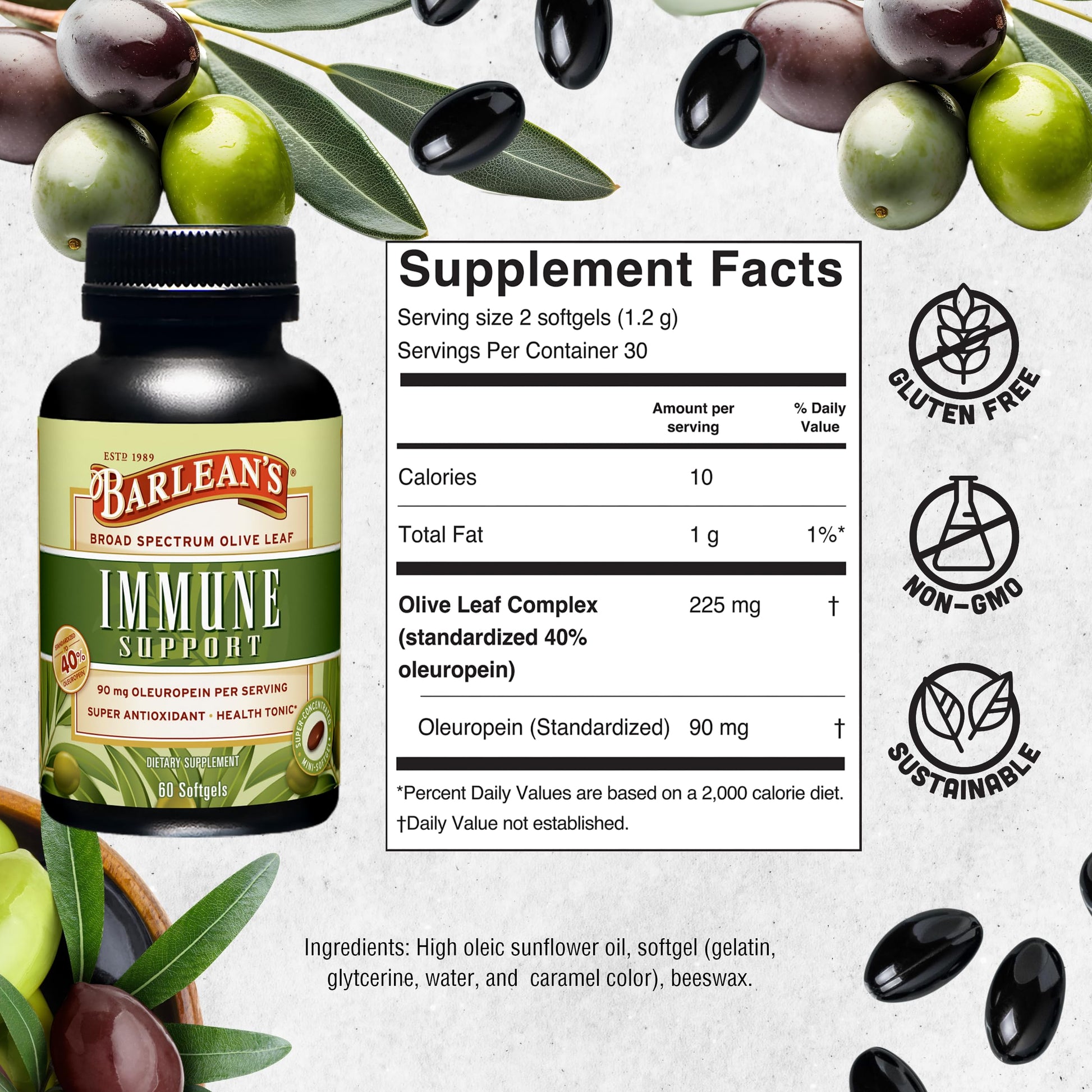 Barlean's high antioxidant olive leaf complex capsules for daily seasonal protection.