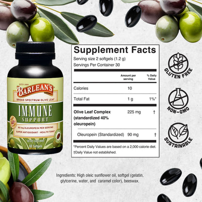 Barlean's high antioxidant olive leaf complex capsules for daily seasonal protection.
