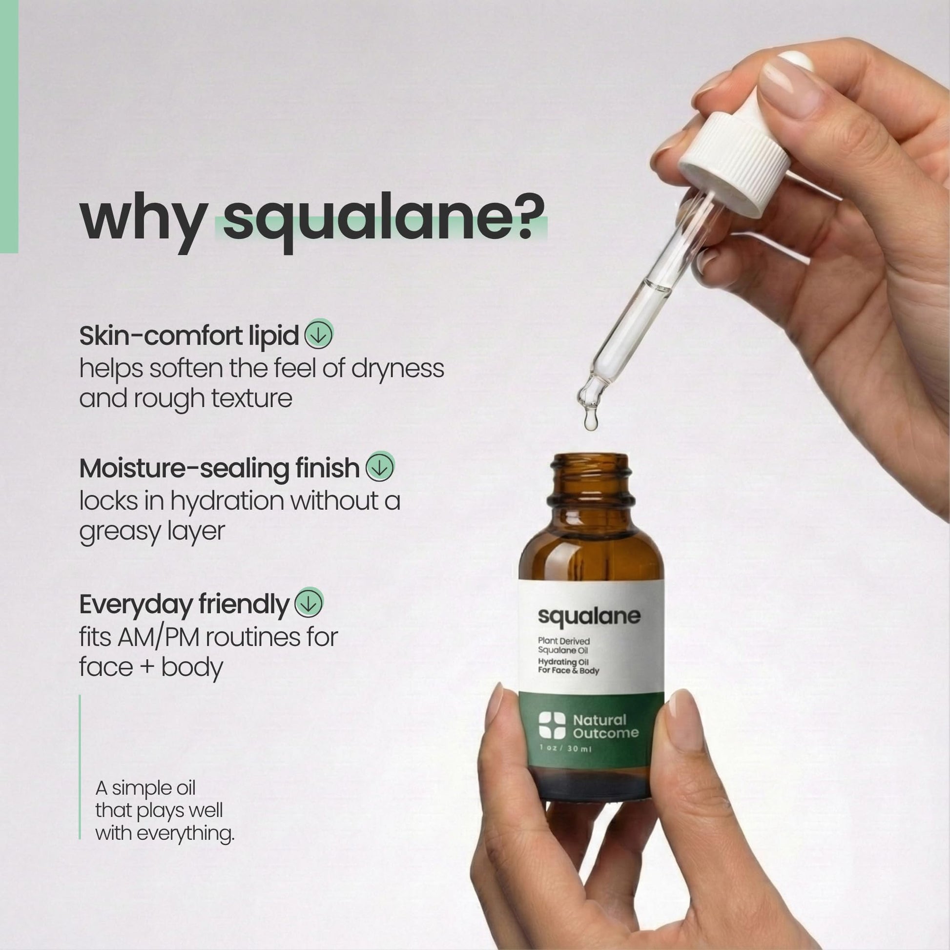Fragrance free vegan and cruelty free pure squalane oil bottle on clean background