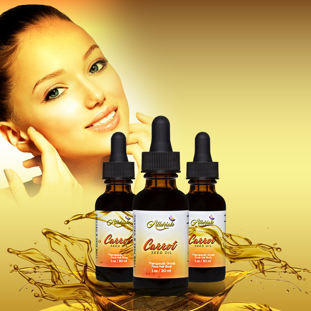 Allurials carrot seed oil amber bottle displayed on clean natural wooden surface