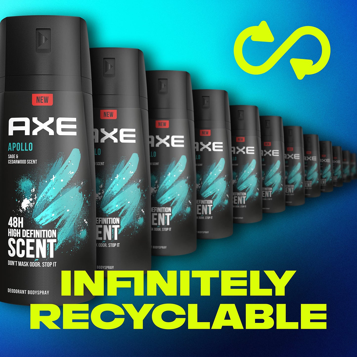 AXE Apollo daily fragrance deodorant canisters arranged in a row