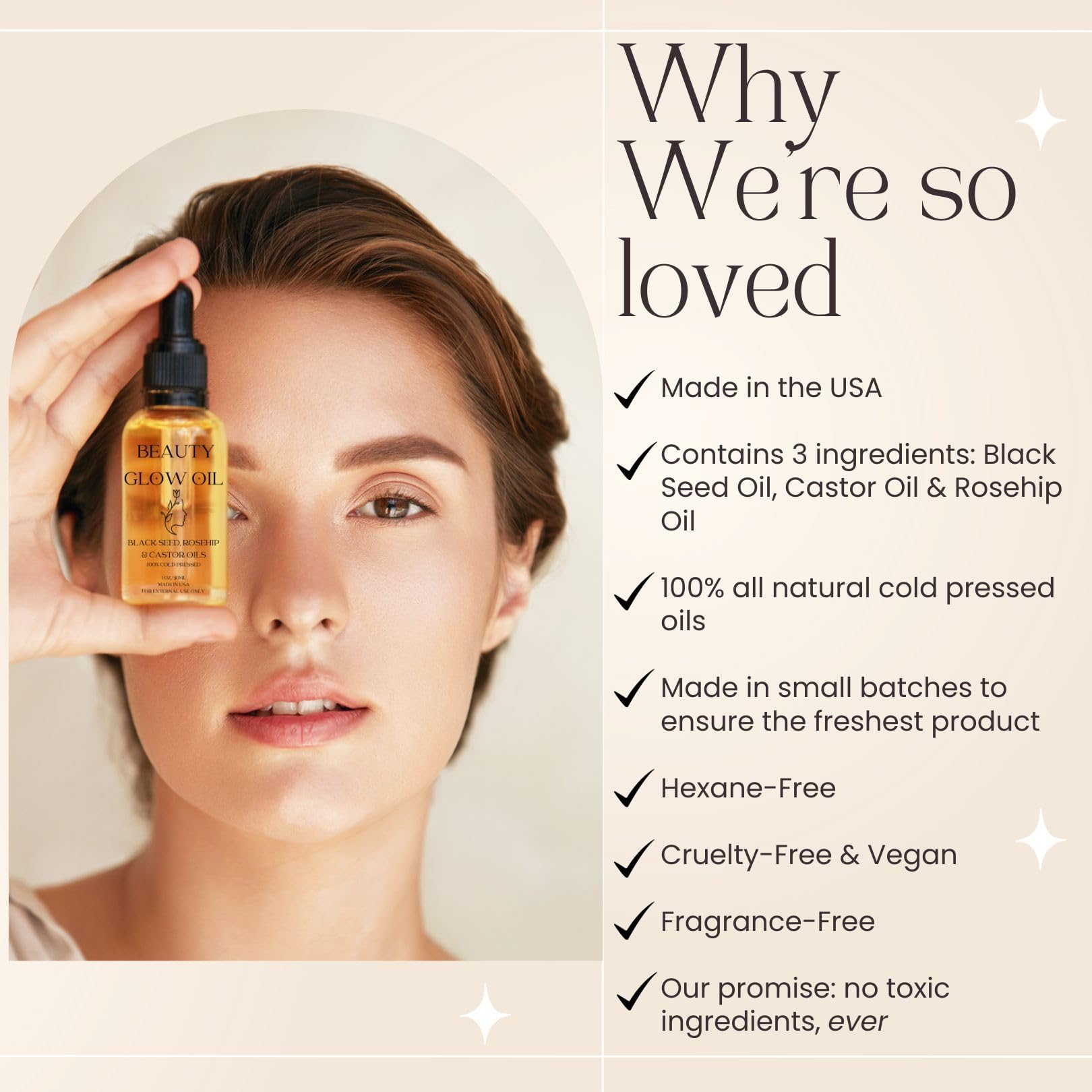 Organic cold pressed facial moisturizer serum dropper bottle highlighting three natural ingredients