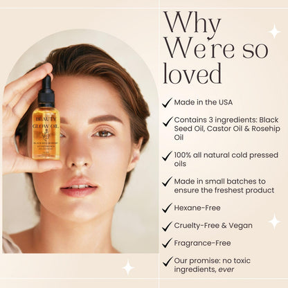 Organic cold pressed facial moisturizer serum dropper bottle highlighting three natural ingredients