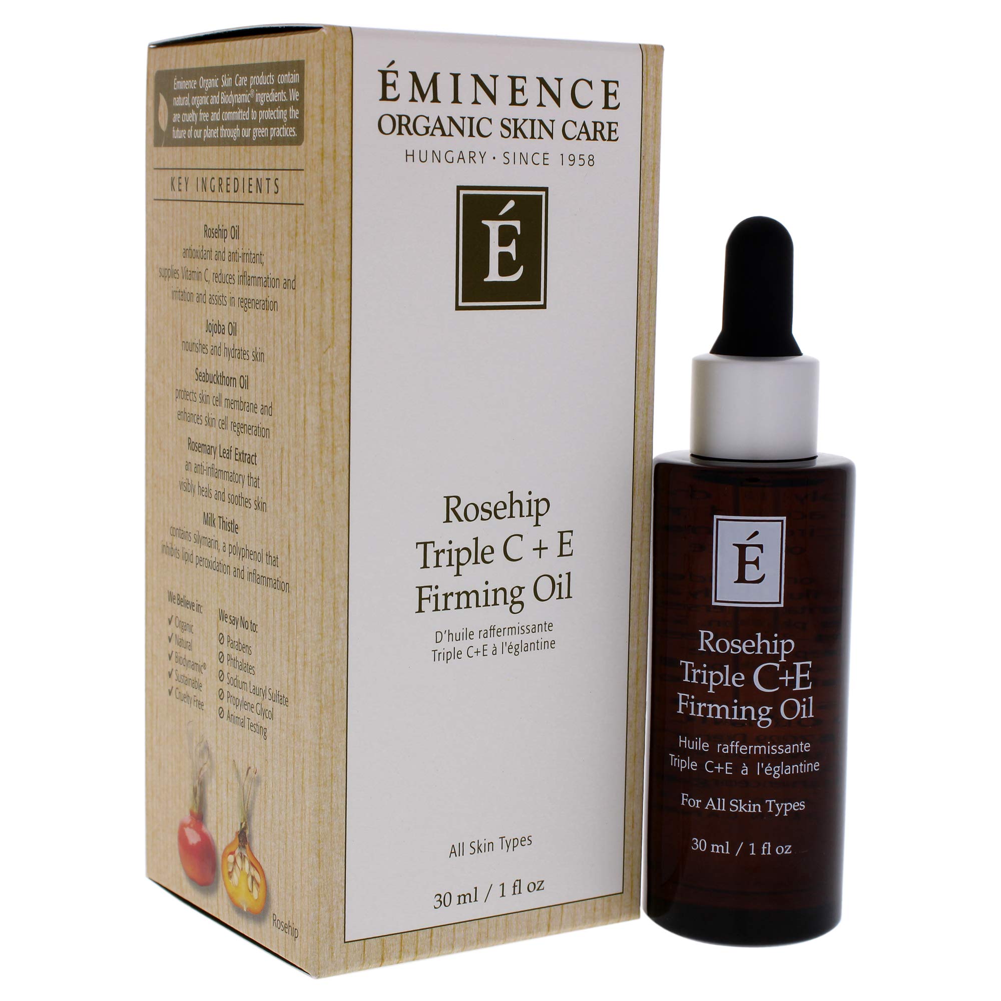 Eminence Rosehip Triple C Plus E Firming Oil dropper application close up showcasing lightweight texture
