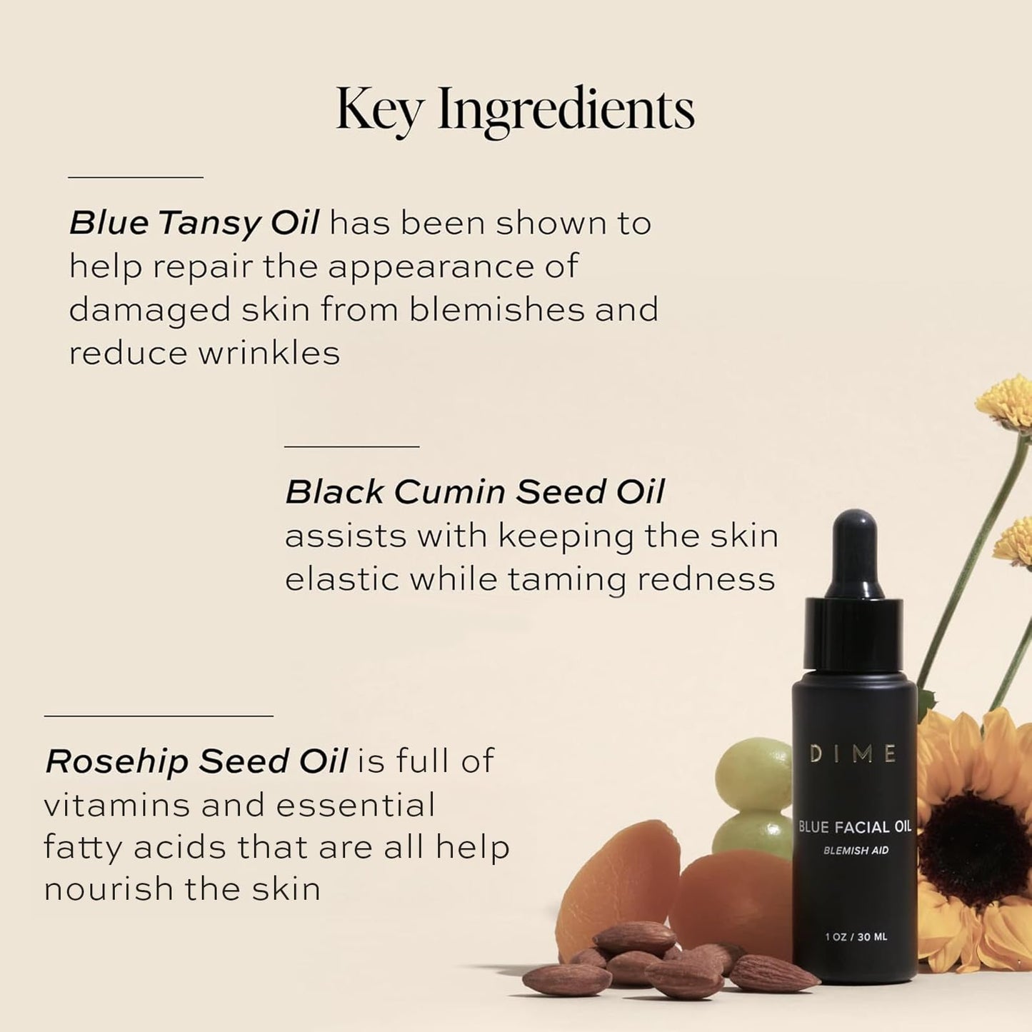 DIME Beauty Blue Facial Oil dropper showing the blue tansy liquid texture