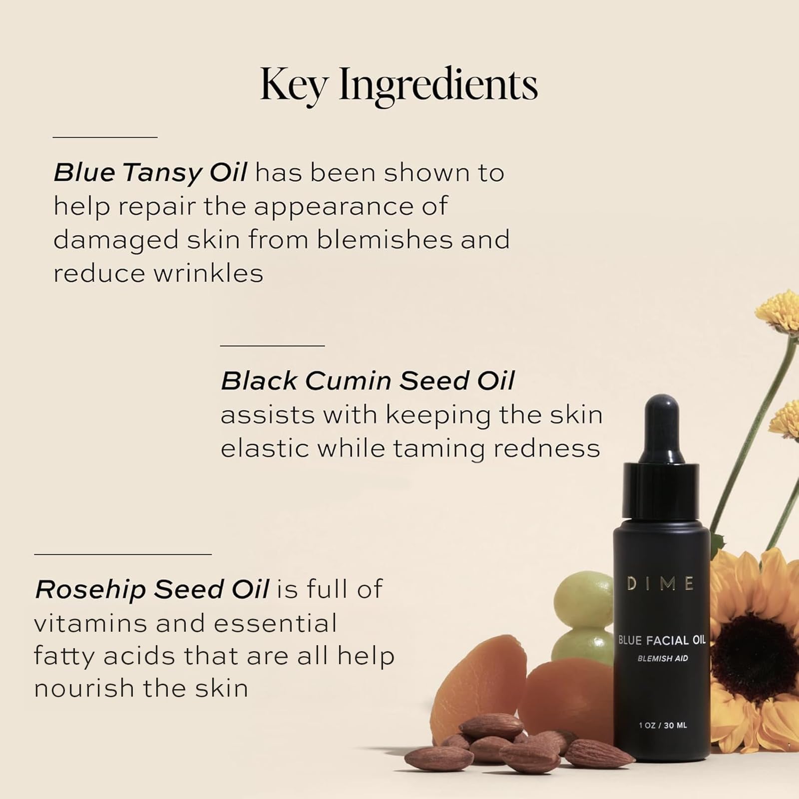 DIME Beauty Blue Facial Oil dropper showing the blue tansy liquid texture
