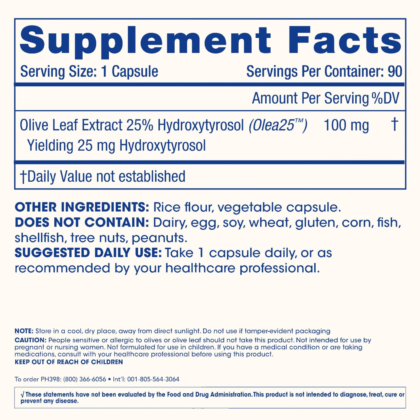 ProHealth Longevity Hydroxytyrosol Extreme side label showing usage directions and pure ingredients