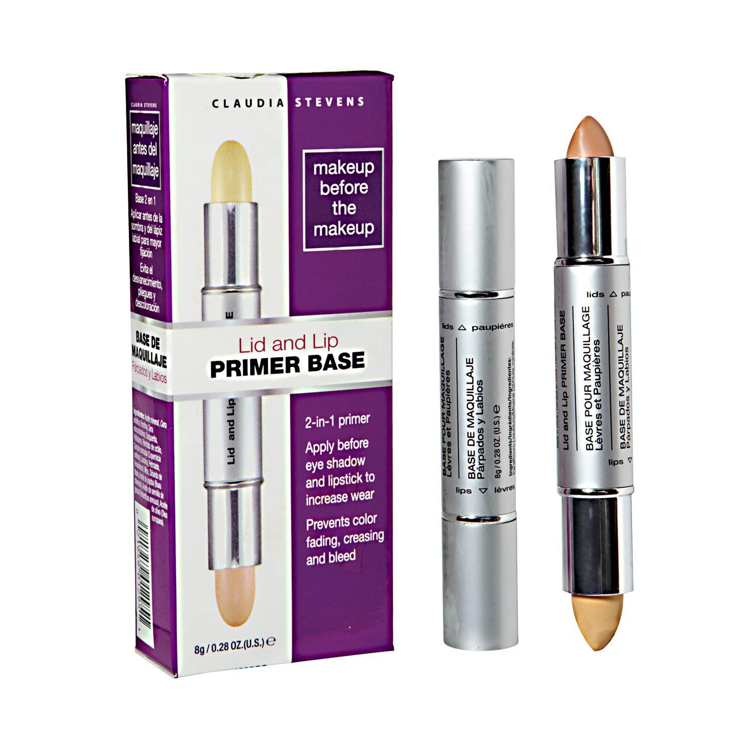 Claudia Stevens dual action eyeshadow and lipstick primer base packaging highlighting long wear makeup benefits.