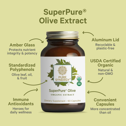 Pure Synergy SuperPure Olive capsules displaying authentic USDA Organic seal