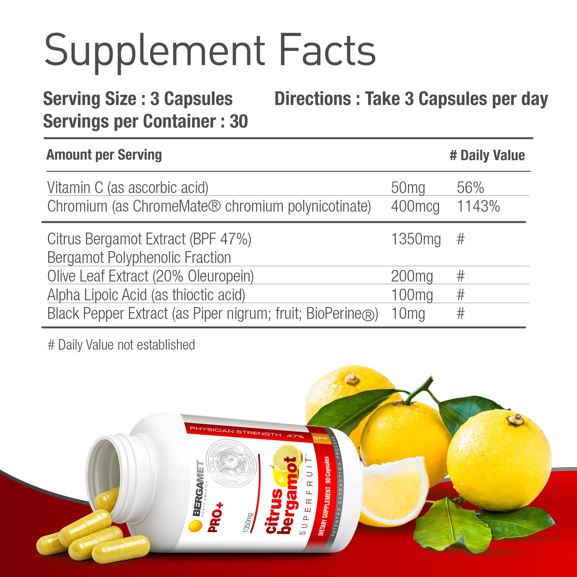 BergaMet Citrus Bergamot 1350mg supplement bottle showing ingredient facts and 47 percent BPF certification