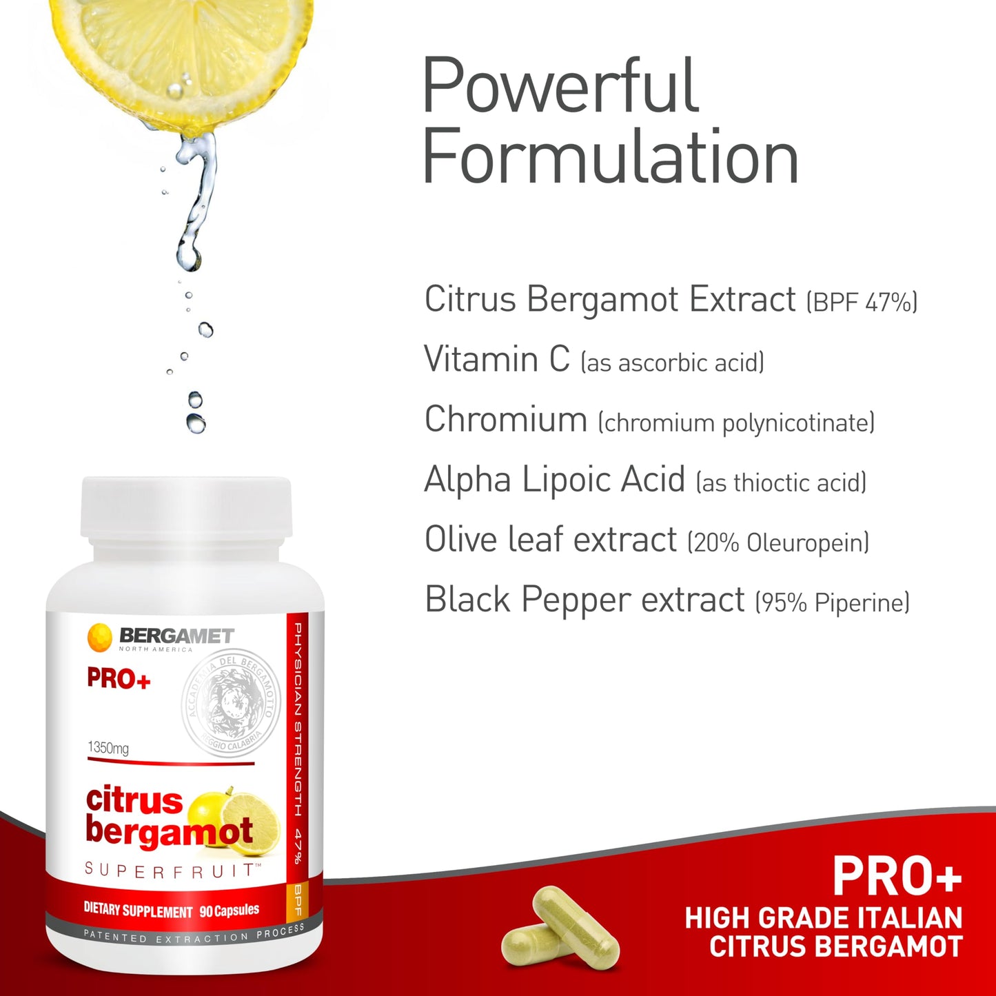 BergaMet PRO plus dietary supplement capsules next to the premium packaging bottle