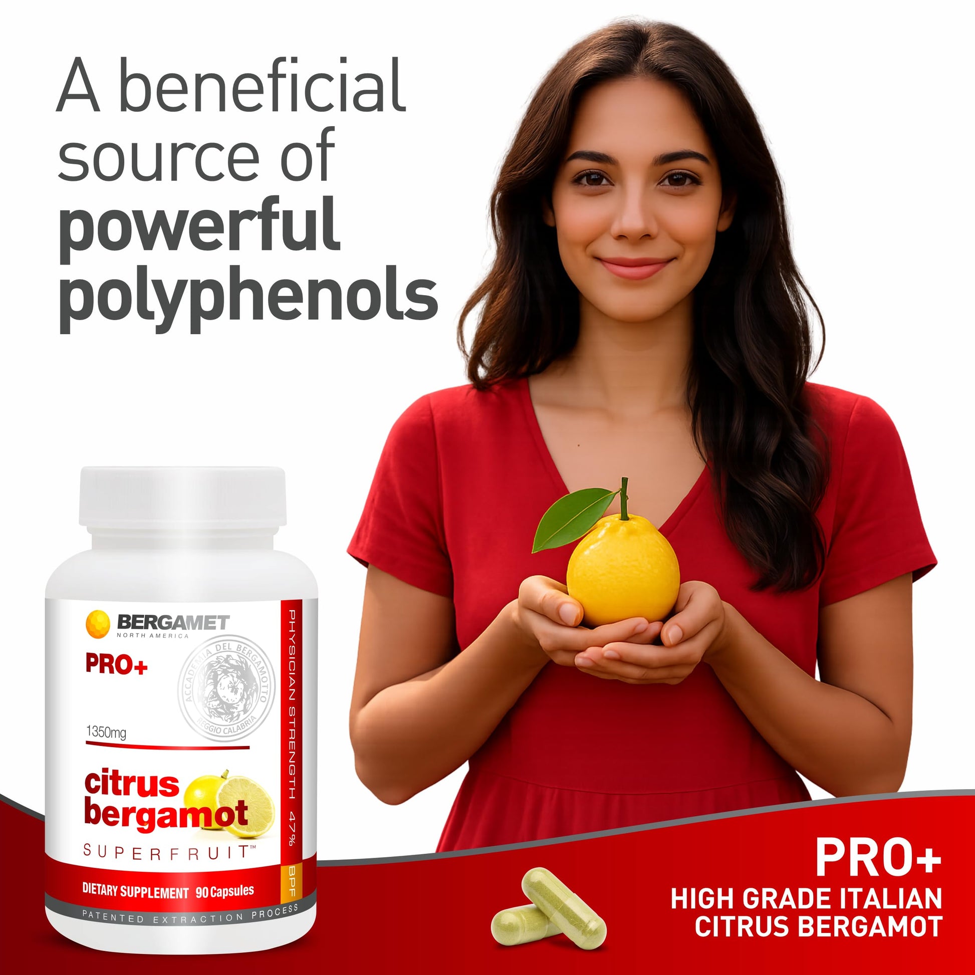 BergaMet SuperFruit PRO plus supplement clear view of the Italian Accademia del Bergamotto approval seal