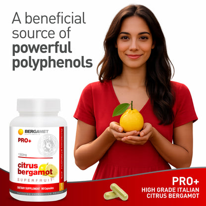 BergaMet SuperFruit PRO plus supplement clear view of the Italian Accademia del Bergamotto approval seal