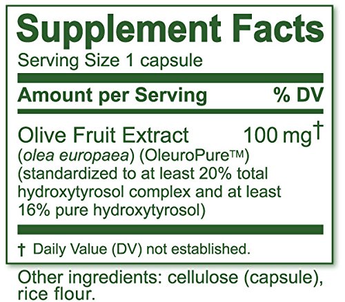 Close up of 100 mg hydroxytyrosol complex capsules by Island Nutrition highlighting the vegetarian formula