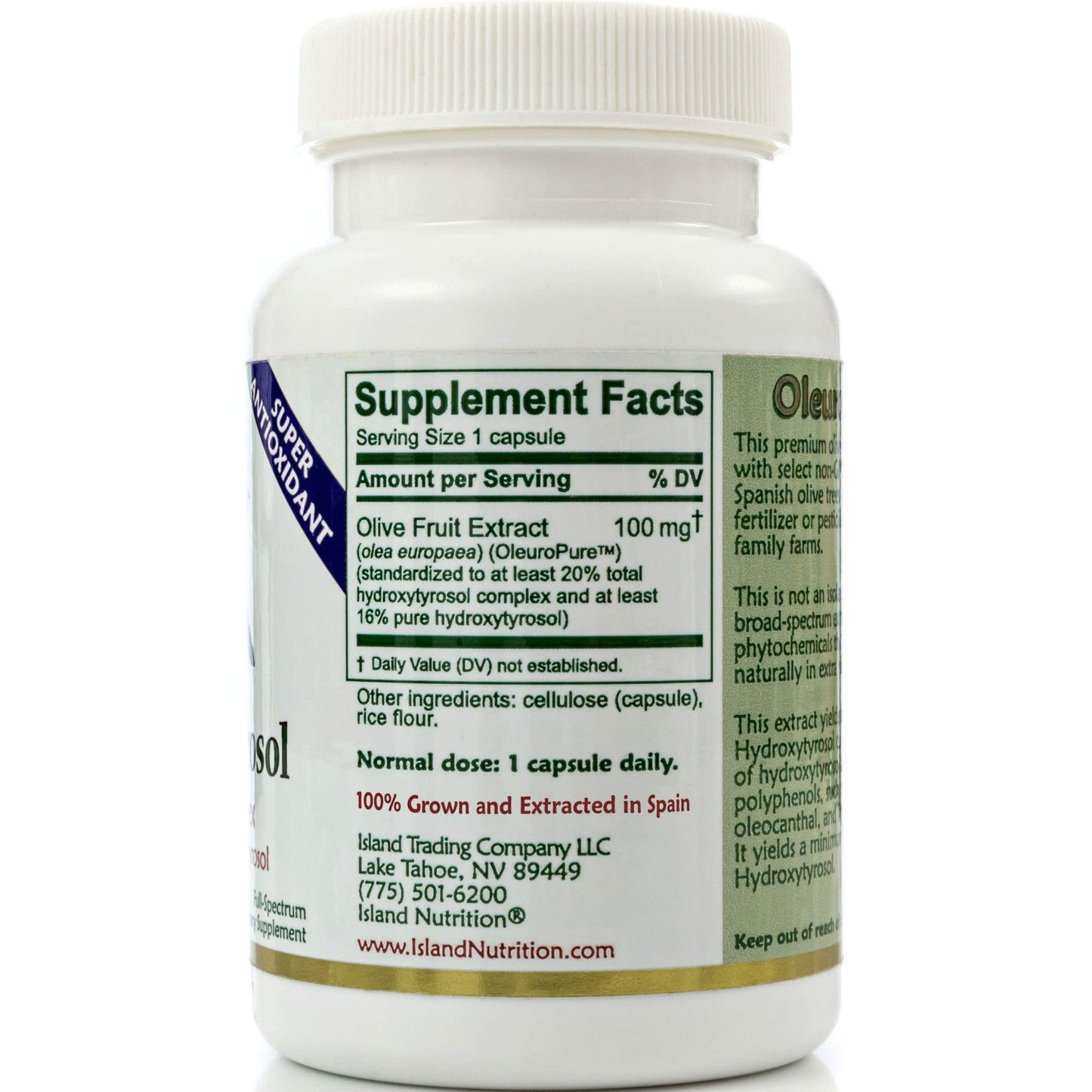 Side angle view of the Spanish grown olive fruit extract supplement by Island Nutrition