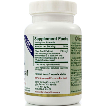 Side angle view of the Spanish grown olive fruit extract supplement by Island Nutrition