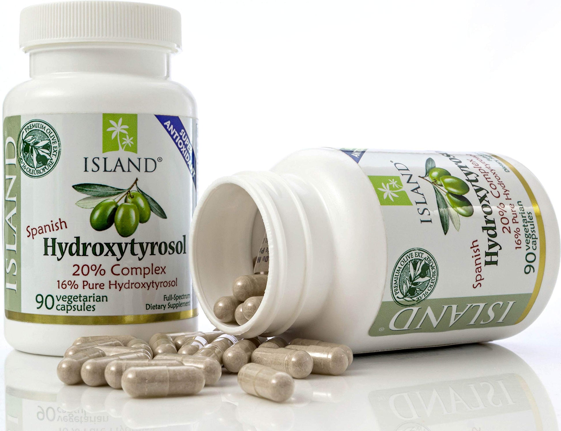 Packaging text of Island Nutrition hydroxytyrosol complex showing the full spectrum Mediterranean olive polyphenols